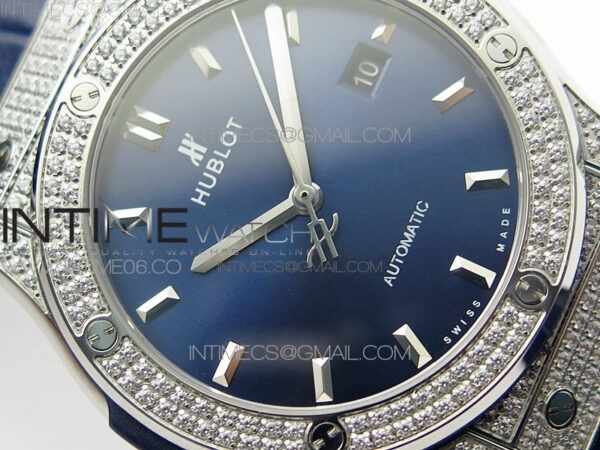 Classic Fusion 42mm SS Paved Diamonds Case/Bezel B50F Blue Dial On Blue Gummy Strap A2892 – Bild 7