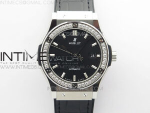 Classic Fusion 42mm SS Paved Diamonds Bezel B50F Black Dial On Black Gummy Strap A2892