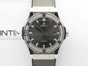 Classic Fusion 42mm SS Paved Diamonds Bezel B50F Gray Dial On Gray Gummy Strap A2892