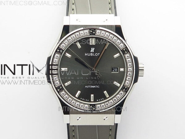 Classic Fusion 42mm SS Paved Diamonds Bezel B50F Gray Dial On Gray Gummy Strap A2892