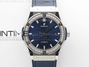 Classic Fusion 42mm SS Paved Diamonds Bezel B50F Blue Dial On Blue Gummy Strap A2892