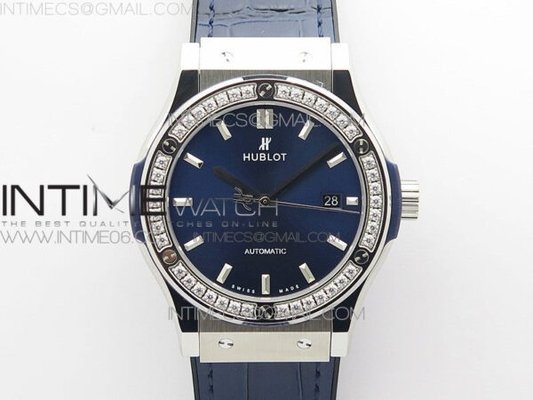 Classic Fusion 42mm SS Paved Diamonds Bezel B50F Blue Dial On Blue Gummy Strap A2892