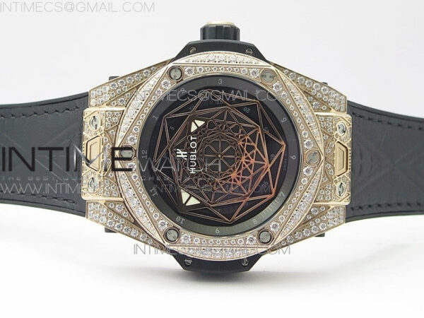 Big Bang Sang Bleu RG Ti Crystal Case Bezel WWF 1:1 Best Edition Black Skeletonal Dial On Black Gummy Strap Asian HB1213 V2 – Bild 3