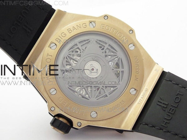 Big Bang Sang Bleu RG Ti Crystal Case Bezel WWF 1:1 Best Edition Black Skeletonal Dial On Black Gummy Strap Asian HB1213 V2 – Bild 18