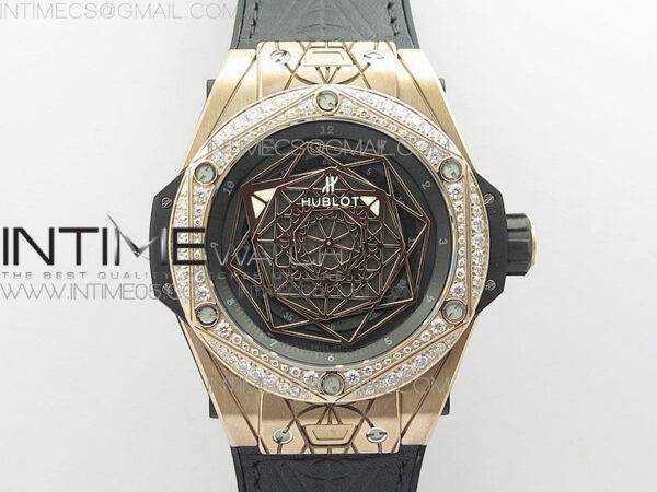 Big Bang Sang Bleu RG Ti Crystal Bezel WWF 1:1 Best Edition Black Skeletonal Dial On Black Gummy Strap Asian HB1213 V2