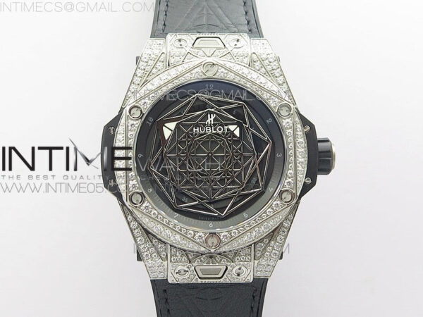 Big Bang Sang Bleu Ti Crystal  And Case WWF 1:1 Best Edition Black Skeletonal Dial On Black Gummy Strap Asian HB1213 V2