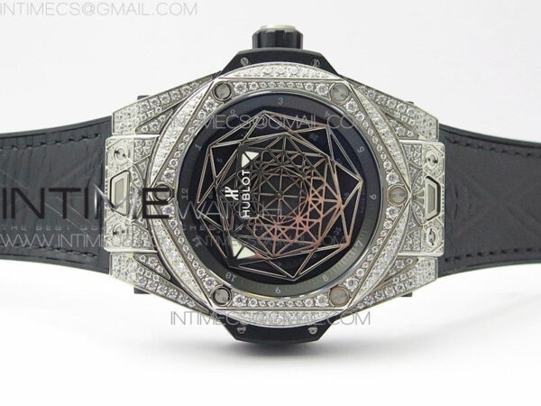Big Bang Sang Bleu Ti Crystal  And Case WWF 1:1 Best Edition Black Skeletonal Dial On Black Gummy Strap Asian HB1213 V2 – Bild 3