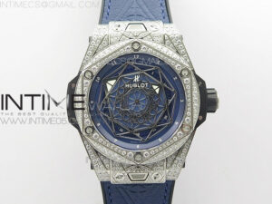 Big Bang Sang Bleu Ti Crystal Bezel And Case WWF 1:1 Best Edition Blue Skeletonal Dial On Blue Gummy Strap Asian HB1213 V2