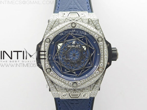 Big Bang Sang Bleu Ti Crystal Bezel And Case WWF 1:1 Best Edition Blue Skeletonal Dial On Blue Gummy Strap Asian HB1213 V2
