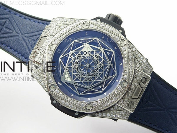 Big Bang Sang Bleu Ti Crystal Bezel And Case WWF 1:1 Best Edition Blue Skeletonal Dial On Blue Gummy Strap Asian HB1213 V2 – Bild 2