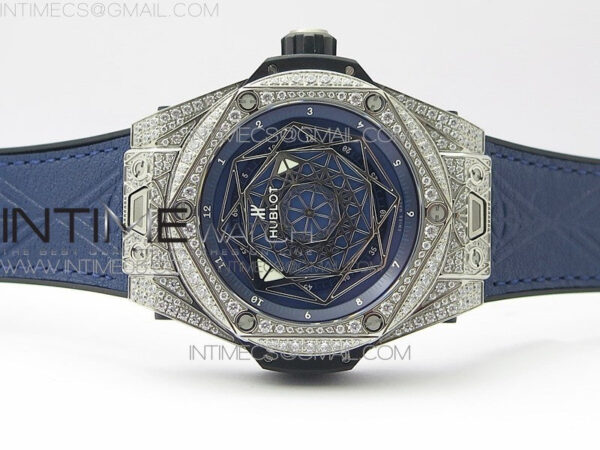 Big Bang Sang Bleu Ti Crystal Bezel And Case WWF 1:1 Best Edition Blue Skeletonal Dial On Blue Gummy Strap Asian HB1213 V2 – Bild 3