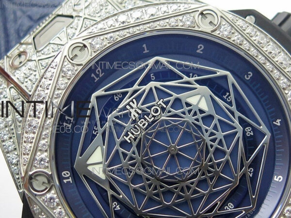 Big Bang Sang Bleu Ti Crystal Bezel And Case WWF 1:1 Best Edition Blue Skeletonal Dial On Blue Gummy Strap Asian HB1213 V2 – Bild 7