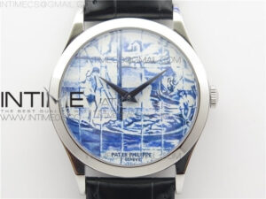 Calatrava Azulejos SS 5089G-62 FL Enamel Dial on Black Leather Strap