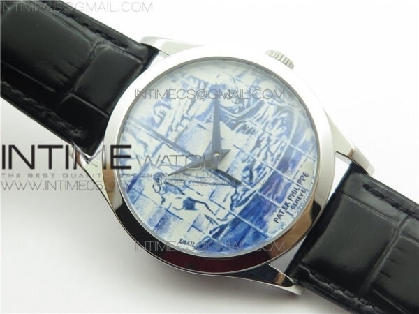 Calatrava Azulejos SS 5089G-62 FL Enamel Dial on Black Leather Strap – Bild 2