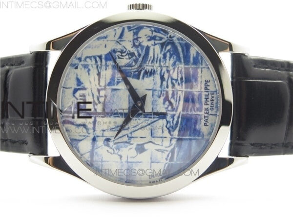Calatrava Azulejos SS 5089G-62 FL Enamel Dial on Black Leather Strap – Bild 3
