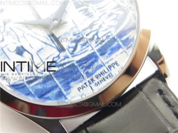 Calatrava Azulejos SS 5089G-62 FL Enamel Dial on Black Leather Strap – Bild 5