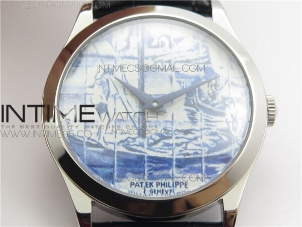 Calatrava Azulejos SS 5089G-62 FL Enamel Dial on Black Leather Strap – Bild 8