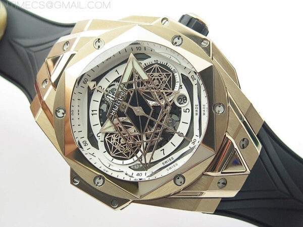 Big Bang Sang Bleu chrono RG B50 White Skeletonal Dial On Black Gummy Strap Asian 7750 – Bild 2