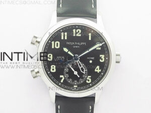 Calatrava 5524 Pilot Travel Time RG GRF Black Dial on Black Leather Strap A324 V2