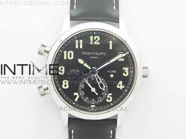 Calatrava 5524 Pilot Travel Time RG GRF Black Dial on Black Leather Strap A324 V2
