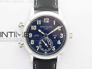 Calatrava 5524 Pilot Travel Time RG GRF Blue Dial on Black Leather Strap A324 V2