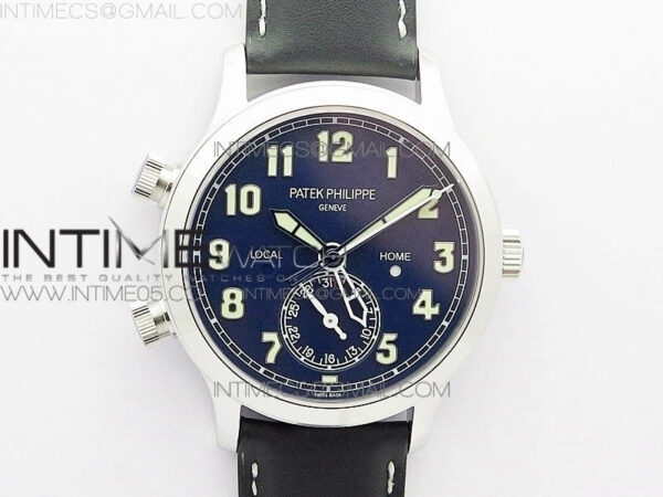 Calatrava 5524 Pilot Travel Time RG GRF Blue Dial on Black Leather Strap A324 V2