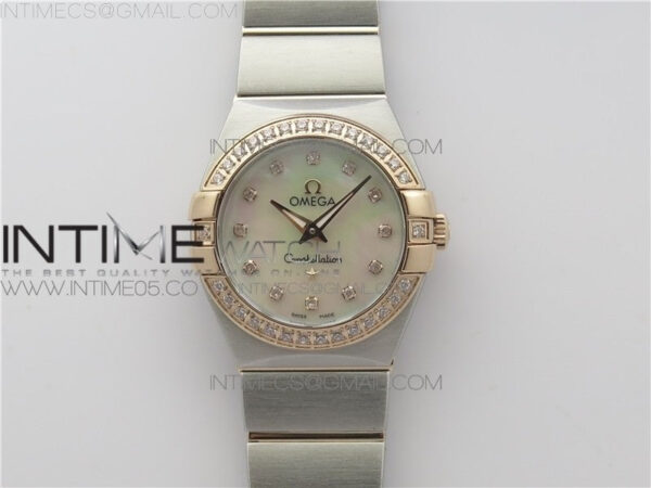 Constellation Ladies 27mm K11F 1:1 Best Edition SS/RG Diamonds Bezel White MOP Dial Stick Markers on SS/RG Bracelet ETA Quartz