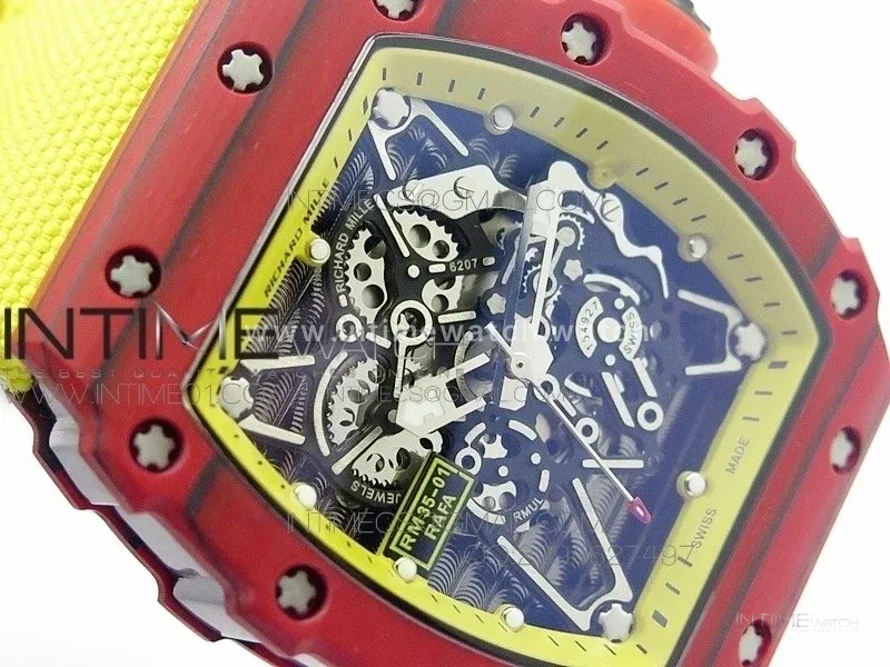 RM 035-2 Red Forged Carbon Yellow Inner Bezel Skeleton Dial on Yellow Nylon Strap MIYOTA9015