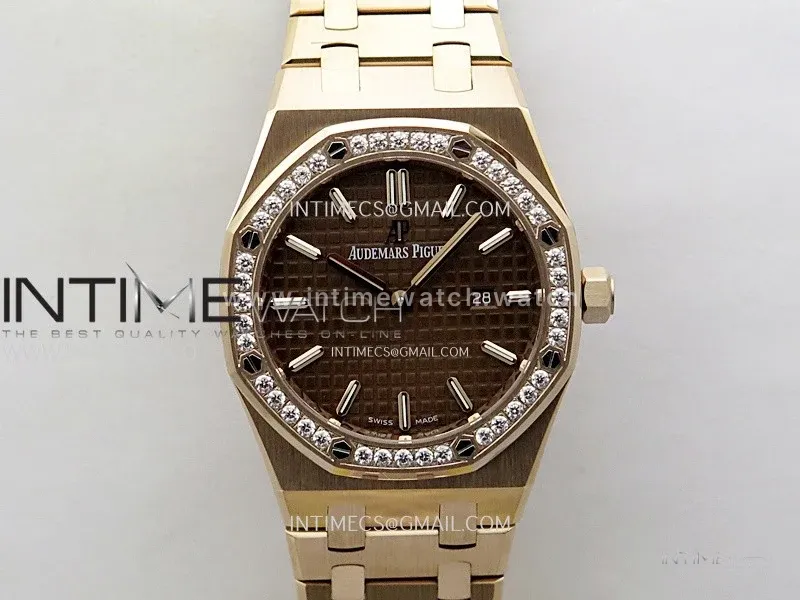 Lady Royal Oak 33mm 67651 Diamonds Bezel RG ZF 1:1 Best Edition Brown Textured Dial on RG Bracelet RONDA Quartz