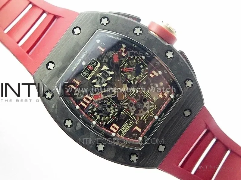 RM011 Carbon Case Carbon Bezel Chronograph KVF 1:1 Best Edition Skeleton Dial Red/RG on Red Rubber Strap A7750