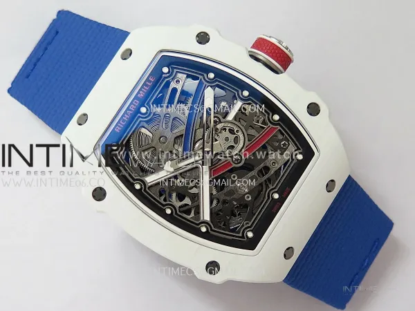 RM67-02 France White Ceramic Umi Office 1:1 Beat Edition Blue/Red/White Skeleton Dial On Blue Nylon Strap Super Clone CRMA7 V3