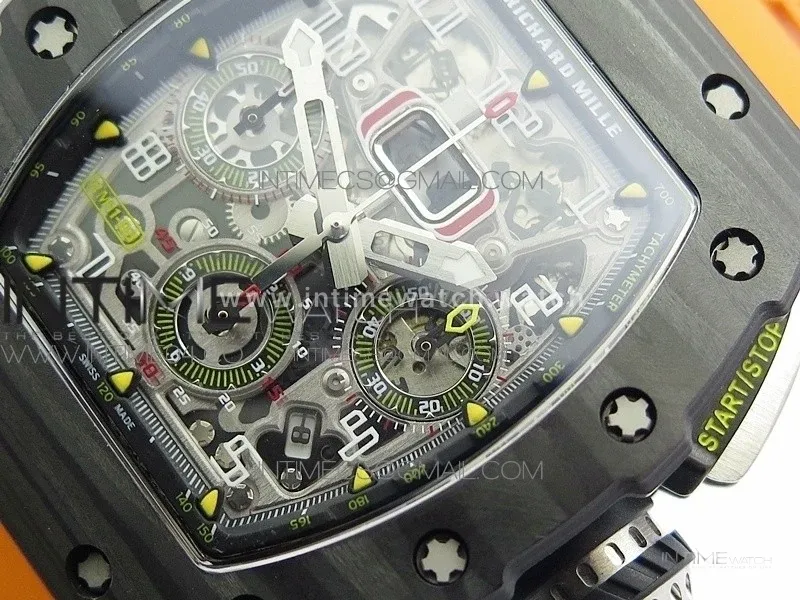 RM011 Carbon Case Chrono KVF 1:1 Best Edition Crystal Skeleton Yellow Dial on Orange Rubber Strap A7750