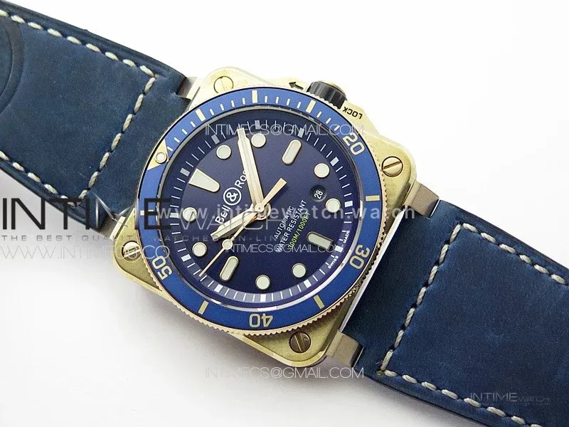 BR 03-92 Diver Ceramic Bezel Bronze B12 1:1 Best Edition Blue Dial on Blue Leather Strap A2824 (Free Rubber Strap)
