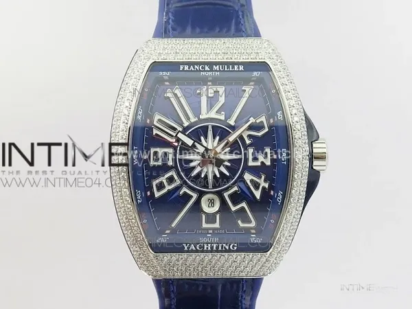 Vanguard V45 SS Full Diamonds Blue Textured Numbers Markers on Blue Gummy Strap A2813