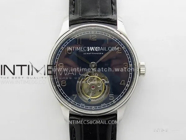Portuguese Tourbillon SS AXF Blue Dial Sliver Numbers on Black Leather Strap
