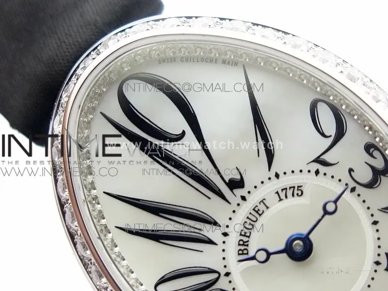 Reine de Naples 8928BB 33mm SS ZF 1:1 Best Edition White MOP Dial Numeral Markers Diamonds Bezel on Black Fabric Strap A537