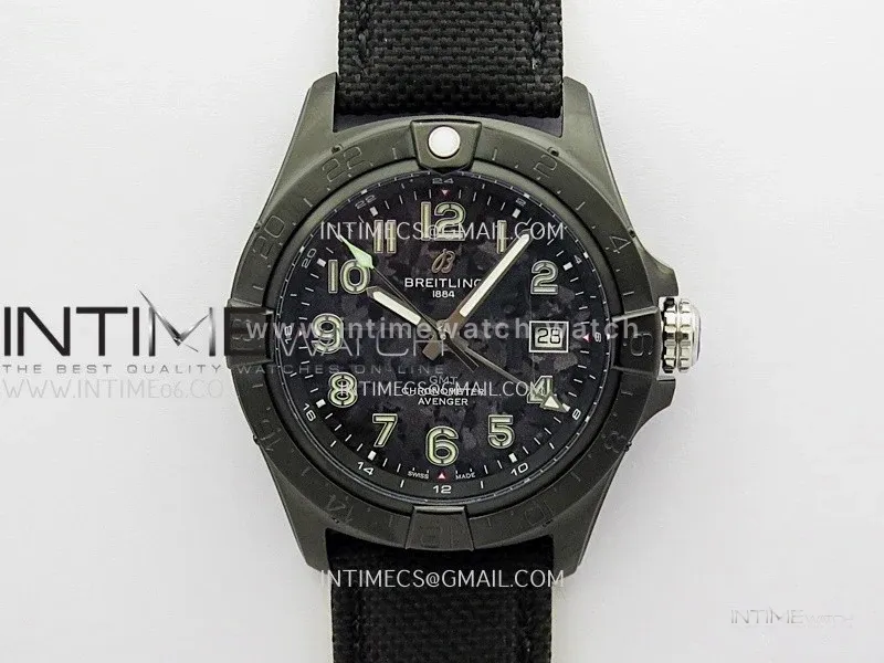 Avenger Chronometer 42mm GMT DLC BLSF 1:1 Best Version Black Dial On Black Nylon Strap A2836