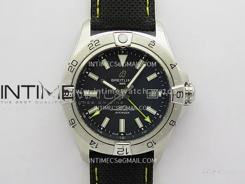Avenger Chronometer 42mm GMT Yellow Second Hand SS BLSF 1:1 Best Version Black Dial On Black Nylon Strap A2836
