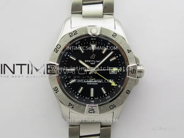 Avenger Chronometer 44mm GMT Yellow Second Hand SS B50 Best Version Black Dial On SS Bracelet A2836