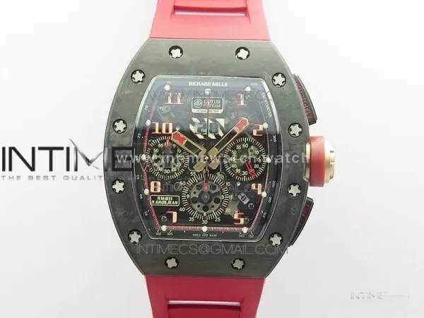 RM011 Carbon Case Carbon Bezel Chronograph KVF 1:1 Best Edition Skeleton Dial Red/RG on Red Rubber Strap A7750