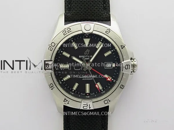Avenger Chronometer 42mm GMT Red Second Hand SS BLSF 1:1 Best Version Black Dial On Black Nylon Strap A2836