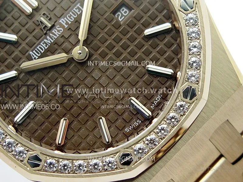Lady Royal Oak 33mm 67651 Diamonds Bezel RG ZF 1:1 Best Edition Brown Textured Dial on RG Bracelet RONDA Quartz