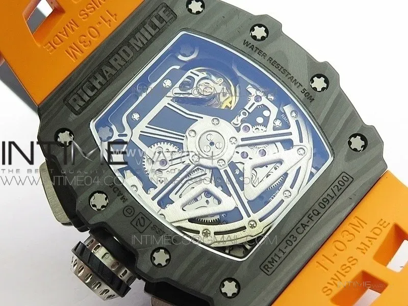 RM011 Carbon Case Chrono KVF 1:1 Best Edition Crystal Skeleton Yellow Dial on Orange Rubber Strap A7750