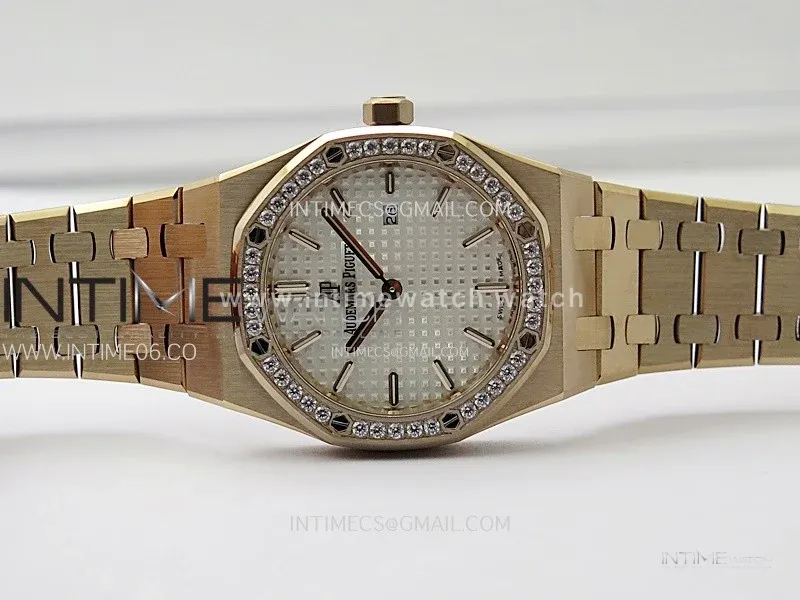 Lady Royal Oak 33mm 67651 Diamonds Bezel RG ZF 1:1 Best Edition White Textured Dial on RG Bracelet RONDA Quartz