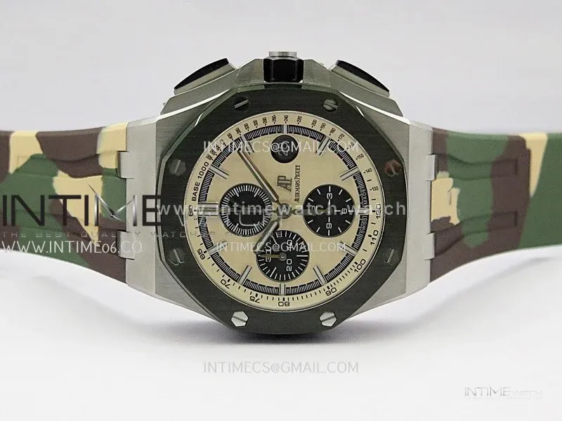 Royal Oak Offshore 44mm SS JF 1:1 Best Edition Cream Dial On Green Camo Rubber Strap A3126