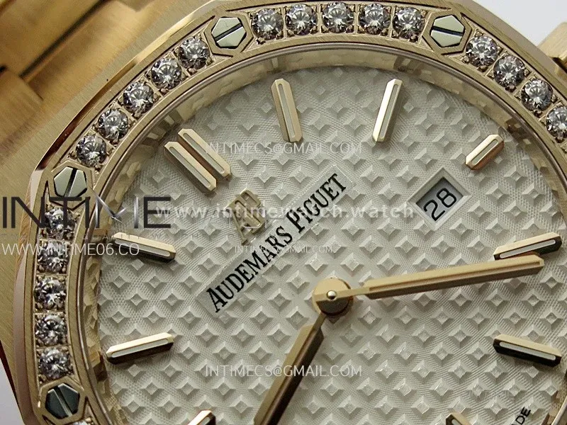 Lady Royal Oak 33mm 67651 Diamonds Bezel RG ZF 1:1 Best Edition White Textured Dial on RG Bracelet RONDA Quartz