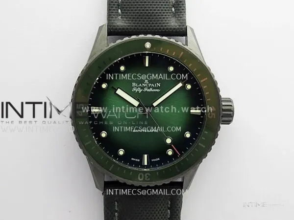 Fifty Fathoms Bathyscaphe Green Ceramic GF 1:1 Best Edition Green Ombre Dial On Black Sail-Canvas Strap A1315(Free Rubber Strap)