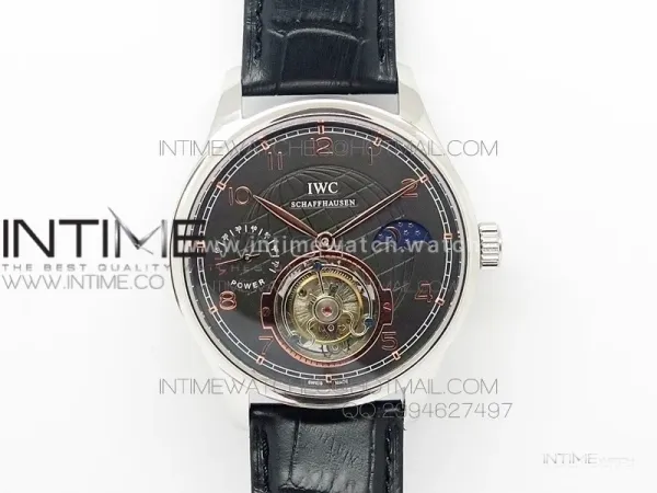 Portuguese Tourbillon SS AXF Gray Dial Gold Numbers moonphase on Black Leather Strap