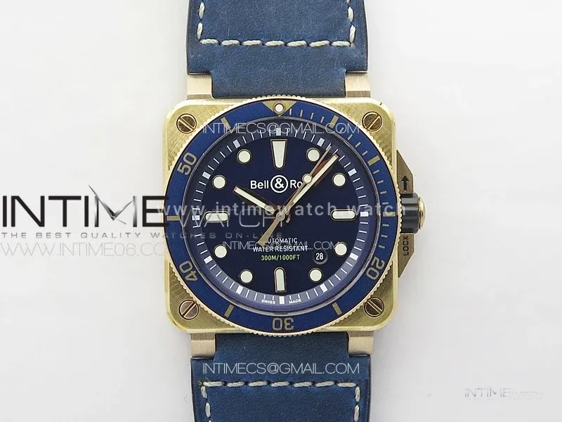 BR 03-92 Diver Ceramic Bezel Bronze B12 1:1 Best Edition Blue Dial on Blue Leather Strap A2824 (Free Rubber Strap)