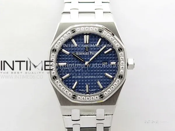 Lady Royal Oak 33mm 67651 Diamonds SS ZF 1:1 Best Edition Blue Textured Dial on SS Bracelet RONDA Quartz
